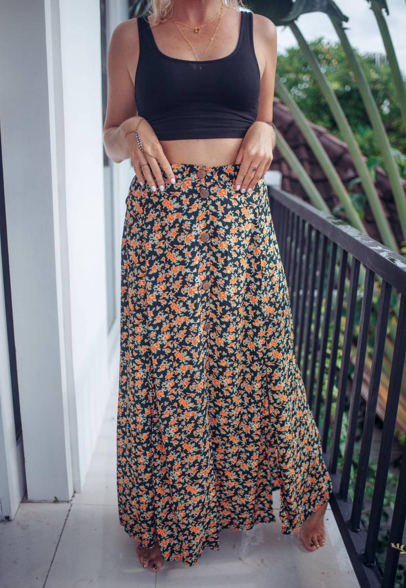 Long Floral Skirt With Button Placket And Side Slits Boho Style