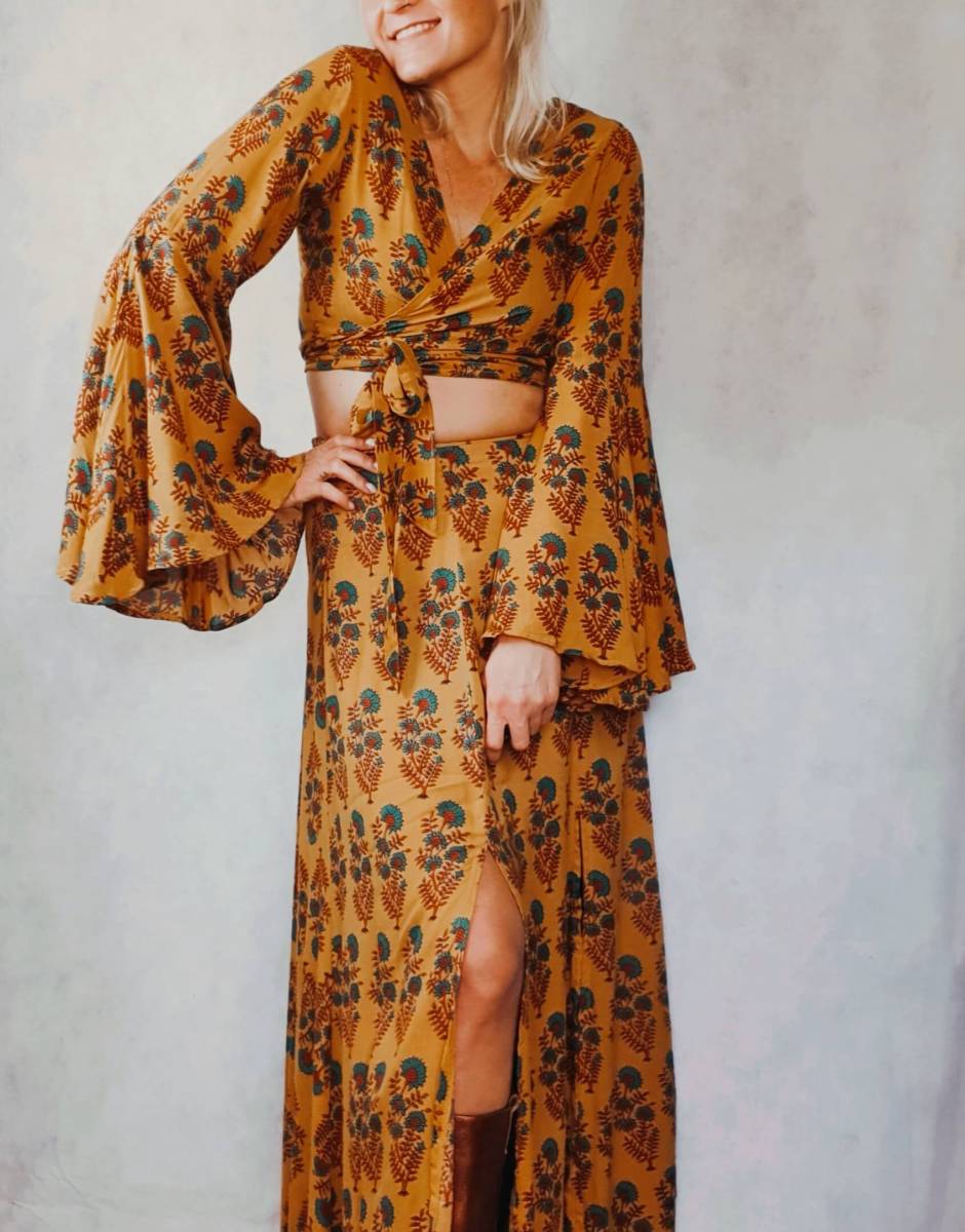 Gelbe Kleider Boho Kleid Retro Style Zweiteiliges Kleid Hippie Style