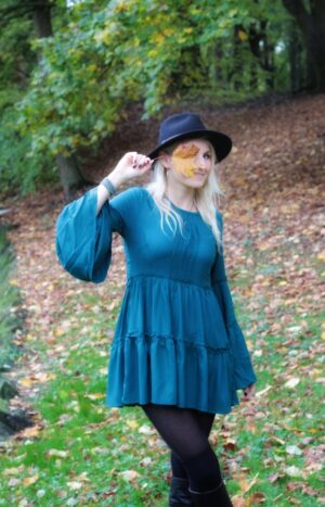 Boho Hippie Fall Autumn Style Mini Dress Trumpet Sleeves Turquoise