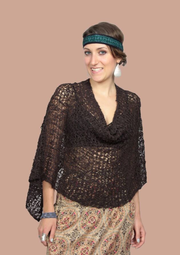 Hippie Häkeltop Strick Poncho braun Dunkelbraun