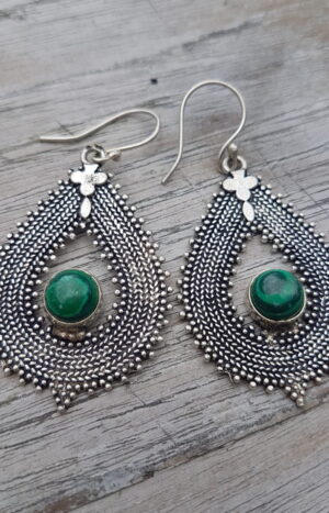 Silver Boho Ibiza Style Earrings Brass Malachite green