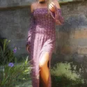 Boho Off Shoulder Maxi Dress long Tie Dye Slit hippie festival dress Bell Sleeves Violet Purple Festival dresses