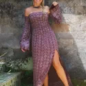 Boho Off Shoulder Maxi Dress long Tie Dye Slit hippie festival dress Bell Sleeves Violet Purple Festival dresses