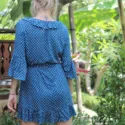 Süße Sommerkleider Polka Dot Mini Kleid Blau 3/4 Trompetenärmel Kleid Kurz