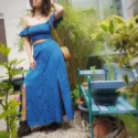 Blue Summer dress Off Shoulder Polka Dot Print