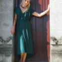 Boho Sommer Wickelkleid Elegant Wickel Kleid mit Volant Flaschengrün Grün