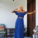 2 Piece Polka Dot 2 Teiler Kleid mit Rüschen Maxikleid Sommer Maxi Kleid Blau Tupfen Kleid