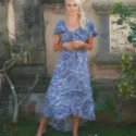 Tupfenkleid Blau Weiß Sommerkleid Wickelkleid Strand Kleid Volant Maxi Kleid lang