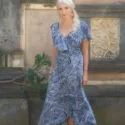 Tupfenkleid Blau Weiß Sommerkleid Wickelkleid Strand Kleid Volant Maxi Kleid lang