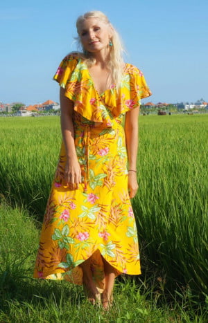produkt bild Hippie boho summer dress yellow wrap dress