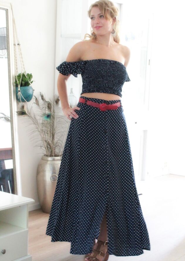 Elegant polka dot maxi dress, long two-piece dress