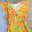Sommerkleid Kurzarm Gelb Blumen Volant 70er Jahre Kleid