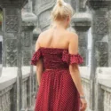 Boho Chic Tupfen Kleid Sommerkleid gepunktet Rot Polka Dot Zweiteiler Kleid Weinrot Off Shoulder Maxikleid