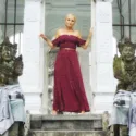 Boho Chic Tupfen Kleid Sommerkleid gepunktet Rot Polka Dot Zweiteiler Kleid Weinrot Off Shoulder Maxikleid
