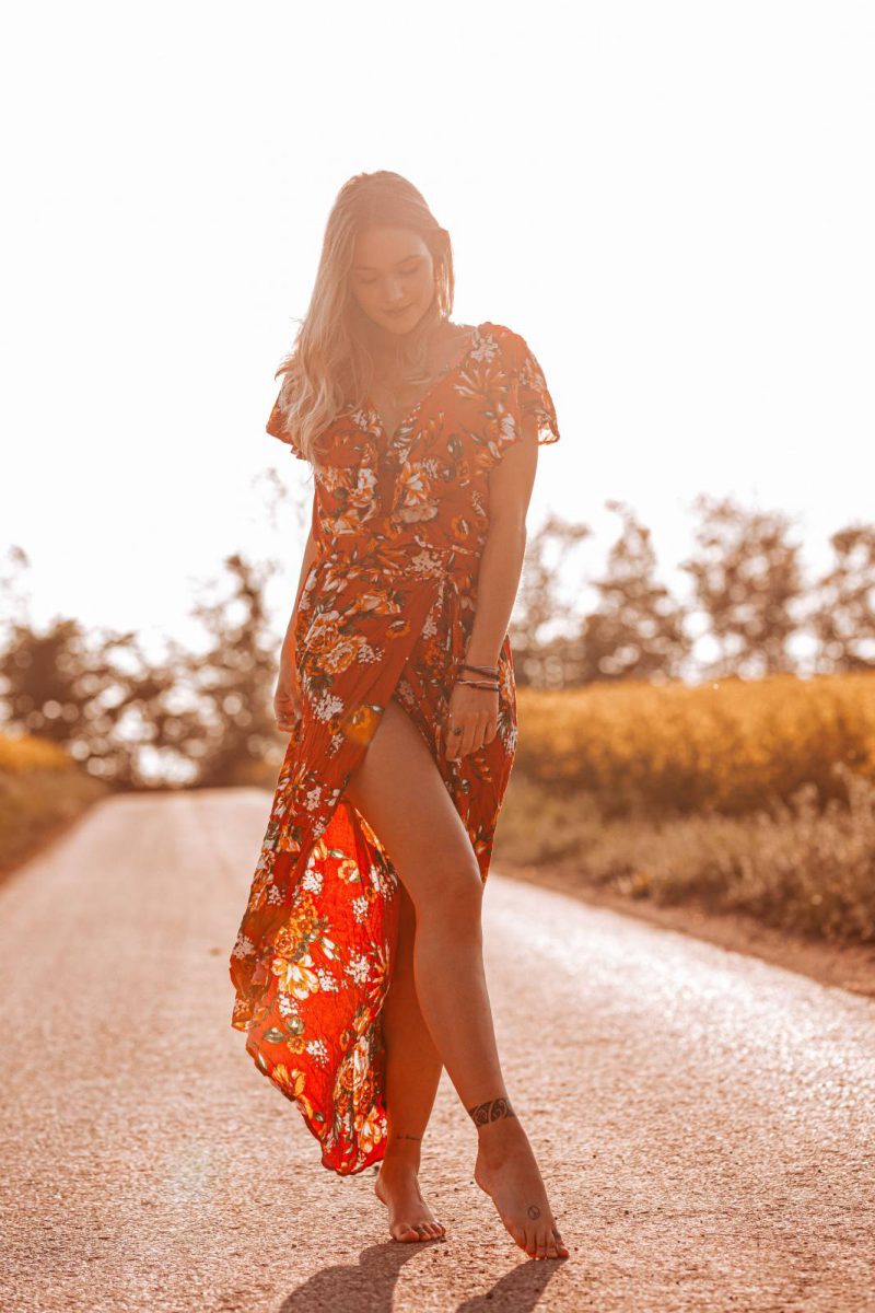 Boho Kleid rot Blumenmuster Ibiza Style Bohemian Kleid