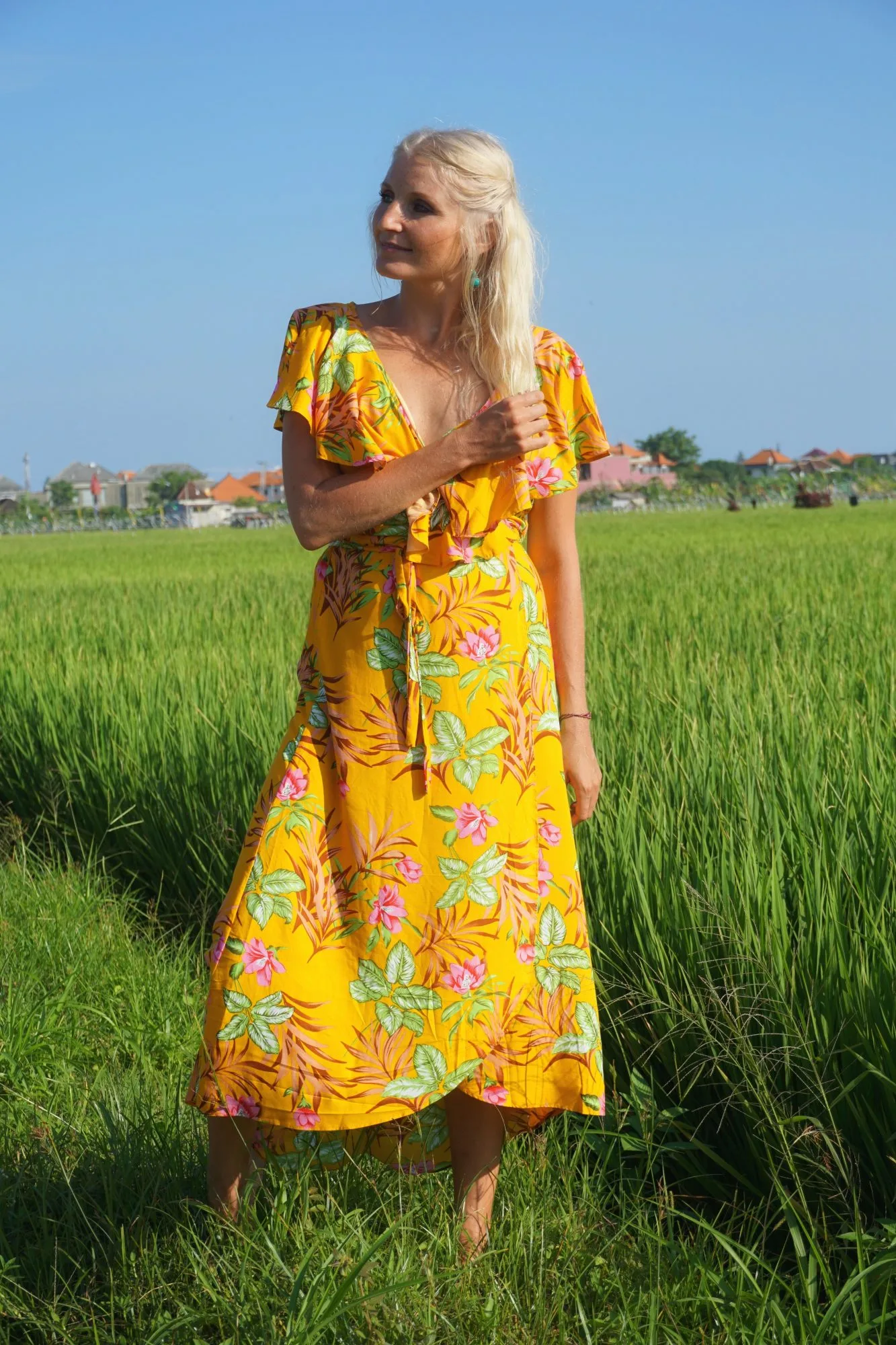 70's Yellow Floral Long Sleeve Mini Dress – Chic Boho Style