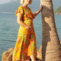 Sommerkleid Gelb Hawaii Blumen Kleid Brautjungern Schwangerschaftskleidung (4)