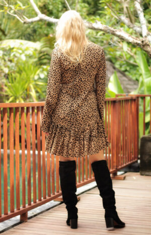 produkt bild Langarm Leoparden Mini Kleid mit Volant Trompetenärmel Herbst Winter Boho Fashion
