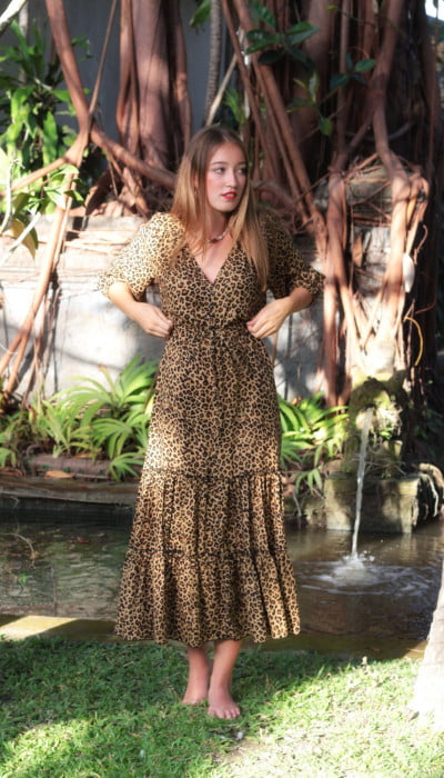 Midi Dress Leopard Print 3 4 Sleeves