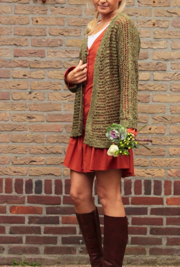 Boho Oversize Strick-cardigan Netzoptik Olive Herbst Winter Outfit