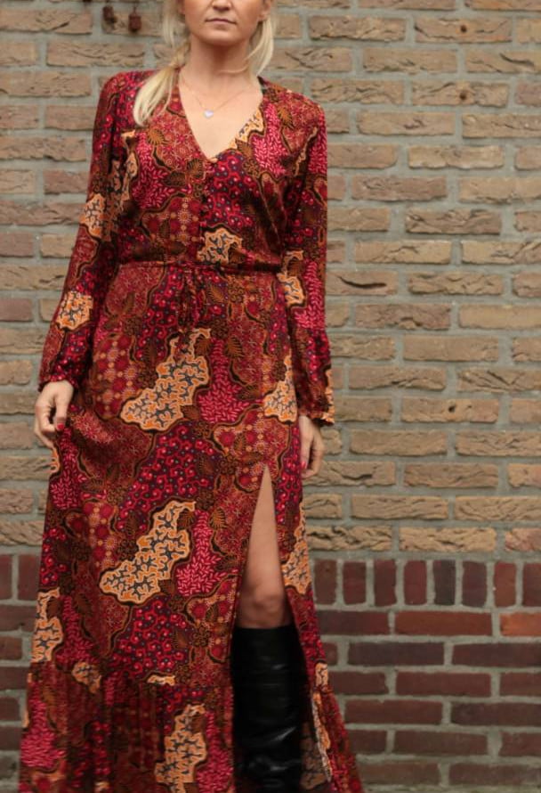 Hippie maxi dress long sleeve red autumn look women boho dresses ibiza style