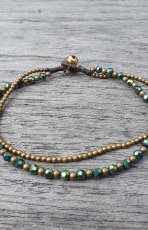 Kristallperlen Fusskettchen Double String Brass Anklet Crystal beads Green Gold