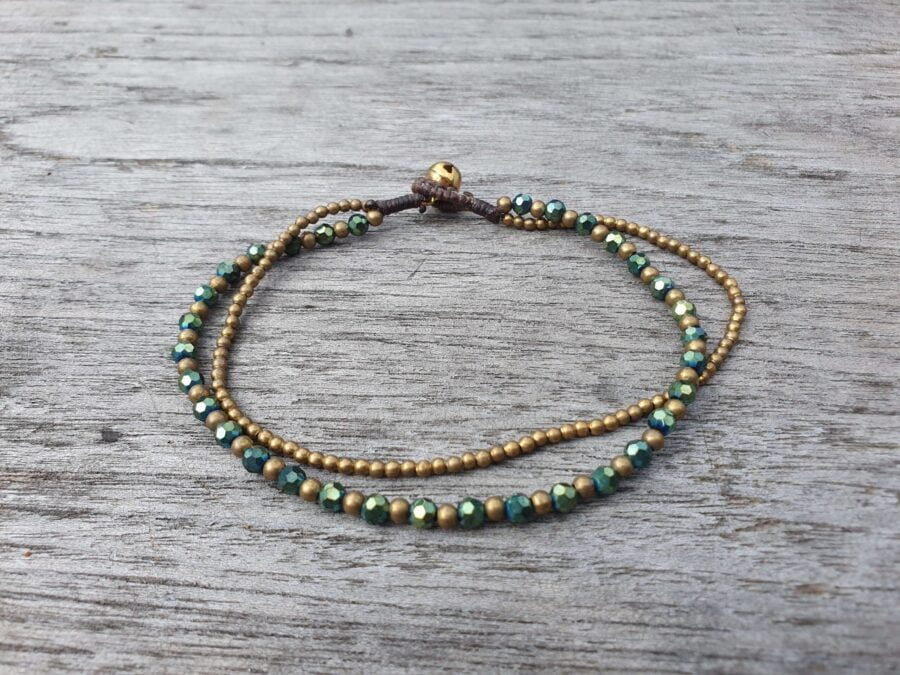 Double String Brass Anklet Crystal beads Green Gold