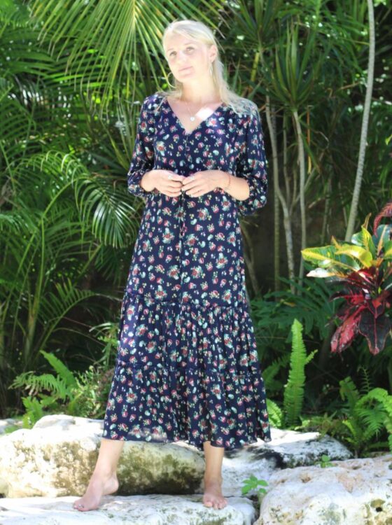Midi Dress Dark Blue Floral Print Boho Dress Long Sleeve Weltentänzer