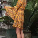Boho Dress Short wrap dress with long trumpet sleeves Mustard Yellow Here Comes the Sun