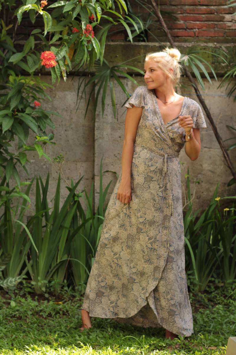 Long Wrap Dress Floral Pattern Light Blue Gray In Boho Chic Style