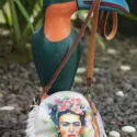 Frida Kahlo handbag made from recycled boho Ibiza style fringed jeans