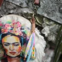 Small boho handbag made from recycled denim jeans with Frida Kahlo print