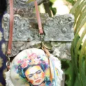Small boho denim pocket made from recycled denim jeans with Frida Kahlo print