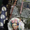 Small boho bag made from recycled denim jeans with Frida Kahlo print