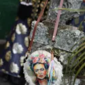 Small boho bag made from recycled denim jeans with Frida Kahlo print...