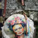Small boho shoulder bag made from recycled denim jeans with a Frida Kahlo print going out pocket
