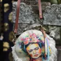 Small boho shoulder bag made from recycled denim jeans with Frida Kahlo print boho chic