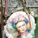 Small boho shoulder bag made from recycled denim jeans with Frida Kahlo print Ibiza style