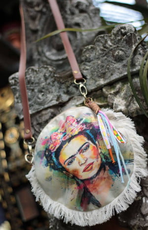 Small boho shoulder bag made from recycled denim jeans with a Frida Kahlo print tote bag