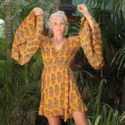 Mini dress with long trumpet sleeves Mustard Yellow Here Comes the Sun Boho wrap dresses