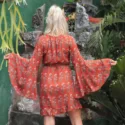 Trompetenärmel Kleid zum Wickeln Terracotta Boho Sommerkleid weiten Ärmeln lang
