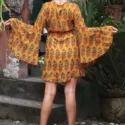 Short wrap dress with long trumpet sleeves Mustard Yellow Here Comes the Sun 70s Hippie Style