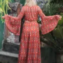 Two-piece dress boho crop top with trumpet sleeves and maxi skirt with slits bohemian style