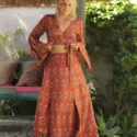 Zweiteiliges Kleid Boho Crop Top mit Trompetenärmeln und Maxirock mit Schlitzen Gypsy Chic Sommer Style