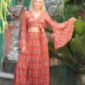 Two-piece dress boho crop top with trumpet sleeves and maxi skirt with slits Hippie outfit summer
