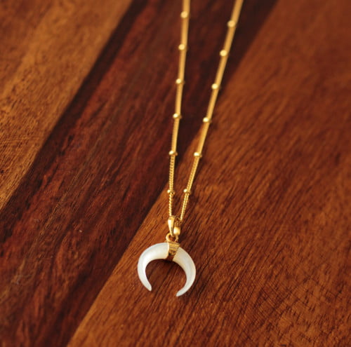 Fine crescent moon necklace made of mother of pearl and 925 silver 22 carat gold plated