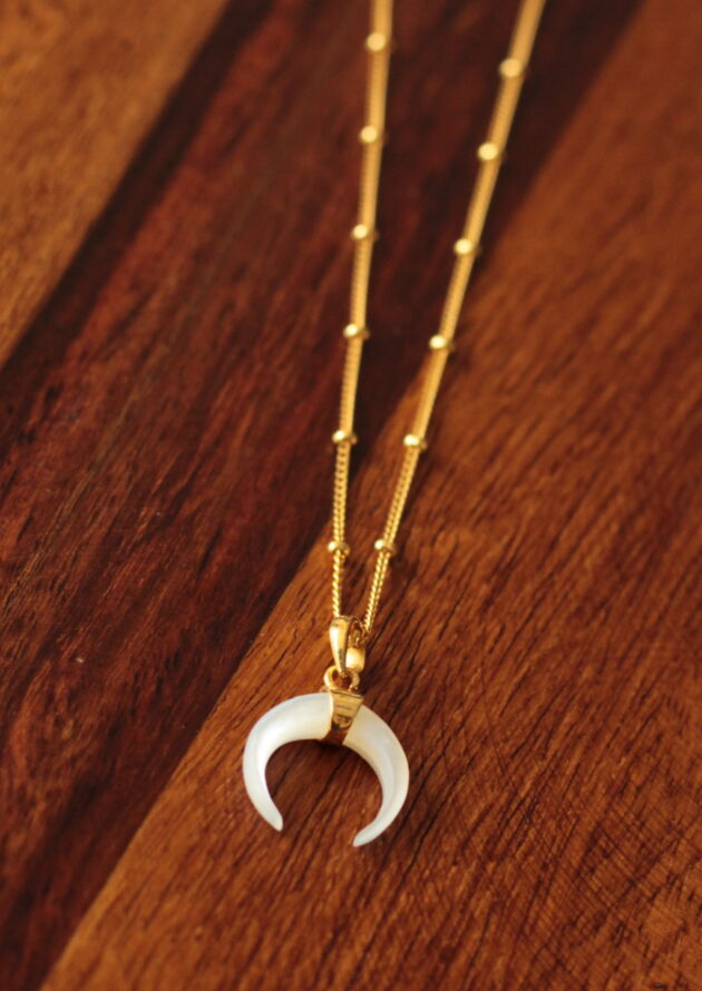 Fine crescent moon necklace made of mother of pearl and 925 silver 22 carat gold plated