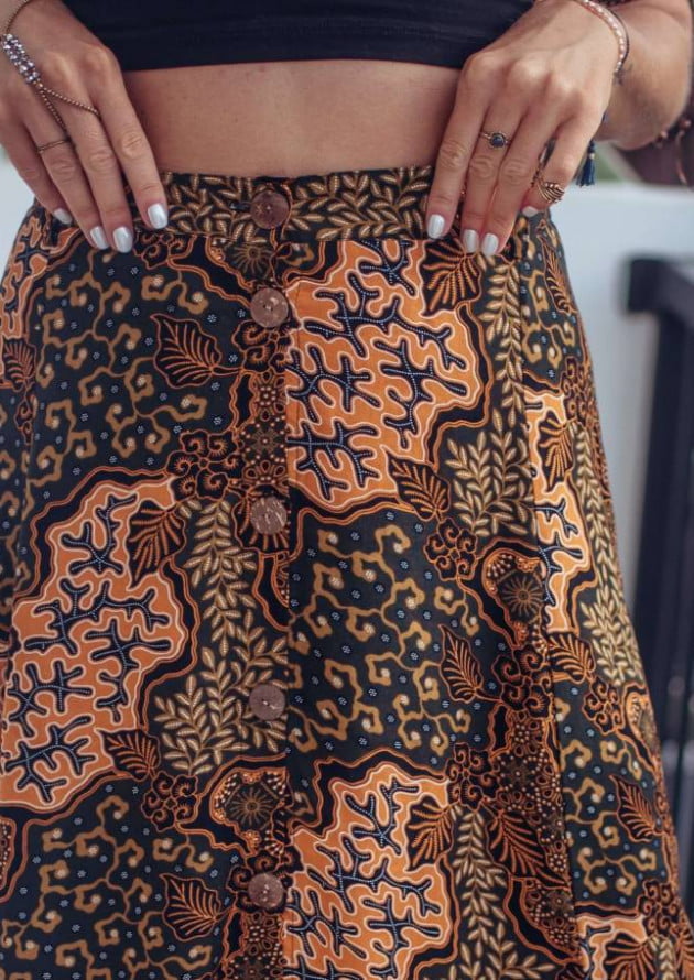 Boho Knöpfe Maxirock zum Knöpfen mit Schlitzen Haigh Waisted Folklore Bali Batik Muster