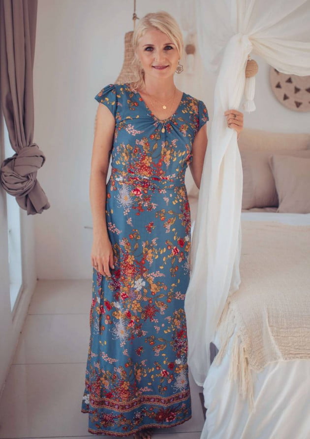 Boho Maxi Kleid Blau Blumenmuster