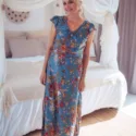 Boho Maxi Kleid Blau Blumenmuster Hippie Chic